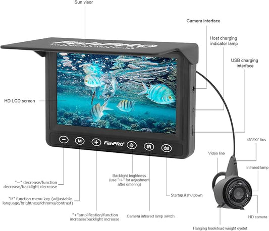 [FishPRO® 2025 Upgrade] Underwater Fishing Camera 4.3'' HD 1000 TVL, Pocket Ice Fishing Camera Underwater for Fish, Portable Fish Finder w/LCD Monitor, IR+LED for Ice Lake Sea Boat Kayak Fishing